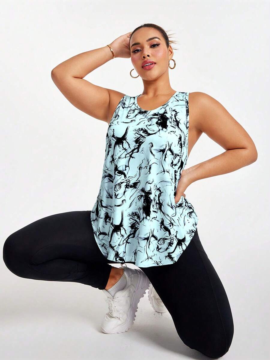 Easithlete Full Print Asymmetric Hem Round Neck Summer Sports Tank Top Glowmode Camo - Mint Blue - View 1