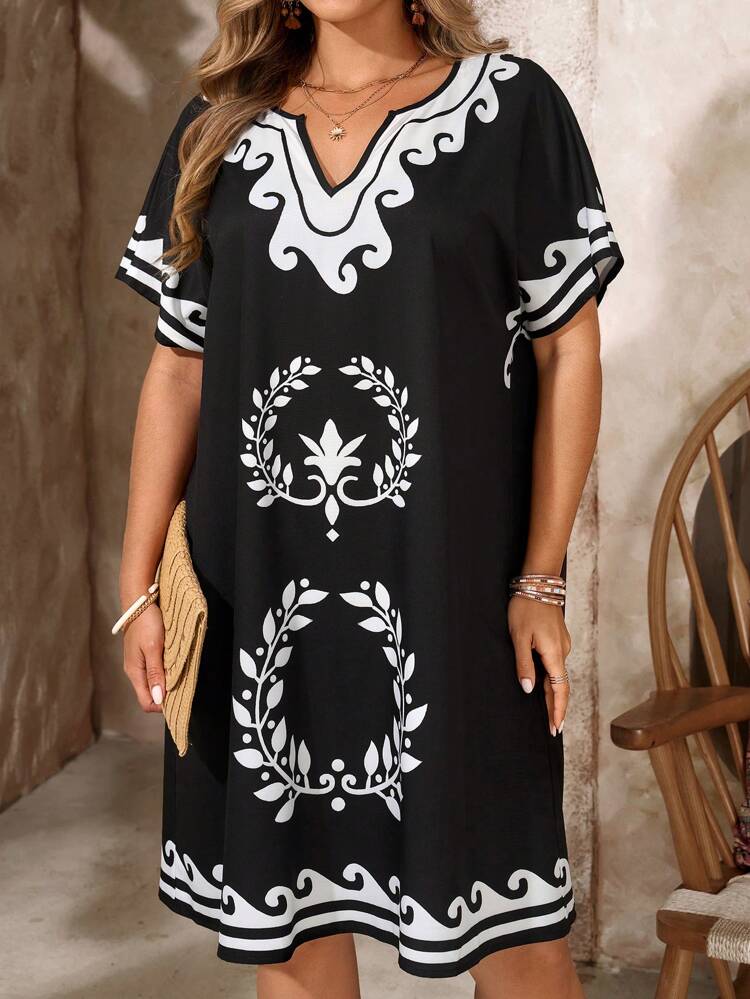 Plus Size Women Casual Vacation Floral Print V-Neck Short Sleeve Black  Dress, Gifts For Mother,Summer Holiday,Vacation Outfits Women,Simple And Fashionable For Everyday Wear,Vacay Vibes,Springbreak,Casual Wear SS,Bohemia,Summer Dresses For Women,Dresses Casual