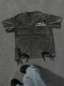 Chillumni Men's Letter Print Distressed Casual Short Sleeve T-Shirt For Summer, 2000s Style - Black - View 3