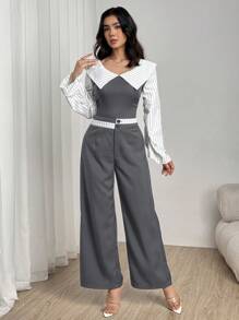 Modelyn 女士露肩条纹上衣和阔腿条纹裤两件套 - 灰色 - 查看 5