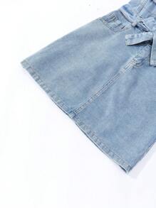 Tween 女童休闲简约百搭街头时尚蝴蝶结腰带修身浅蓝色水洗柔软牛仔吊带连体裤连衣裙，2025 春夏新品，适合日常穿着、休闲场合、派对