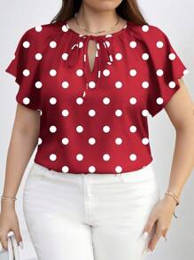 SHEIN Clasi Camicia casual estiva a maniche corte con laccetti davanti a pois, taglie forti - Rosso - Visualizzare 1