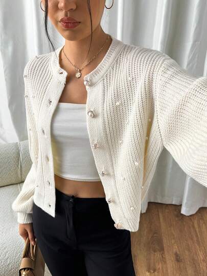 EURMUSE Damen Strickjacke mit einfarbigen Knöpfen vorne und Laternenärmeln, Perlendetails und grobem Saum