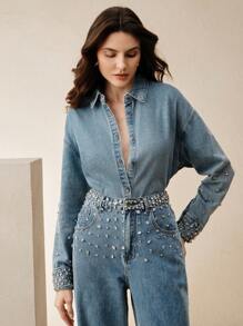 Anewsta 镶有水钻的休闲百搭牛仔衬衫，适合优雅的商务休闲女性 - 藍色 - 查看 5