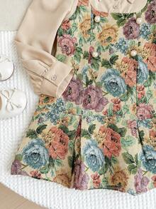 SHEIN LMoss Kids LMoss Young Girl Vintage Floral 2 In 1 Kemeja Lengan Panjang & Gaun Musim Gugur Musim Dingin - Hijau - View 5