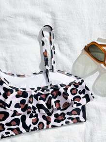 Tween Girls' Leopard Print Adjustable Strap Ruffled Split Bikini Set, Suitable For Vacation, Retro, Beach, Ocean, Elegant, Cute