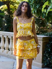 Aralina Débardeur de vacances femme à encolure en cœur, ourlet à volant et broderie à œillets - Jaune citron - Voir 6