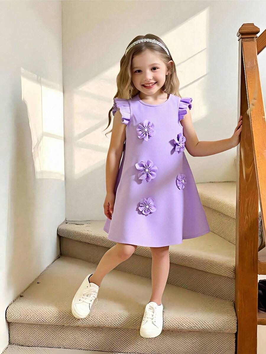 SHEIN Elladie kids Đầm xòe xếp ly phía trước họa tiết hoa 3D màu hoa oải hương cho bé gái mặc hàng ngày thanh lịch - Màu tím - Xem 1