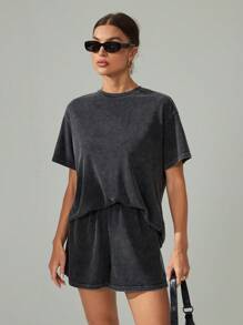 SHEIN Tall 女士新款洗水做旧雪花T恤和短裤两件套 - 黑色 - 查看 5