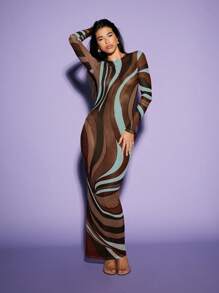 KIZN 薄纱长袖印花网纱长裙