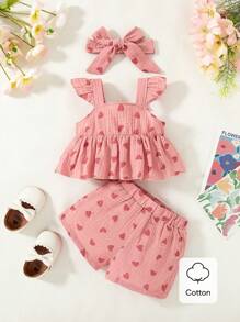 Souflis Souflis Baby Girl Spaghetti Strap Crop Top With Bowknot And Shorts Set, Casual & Fashionable Style For Summer - Pink - View 1