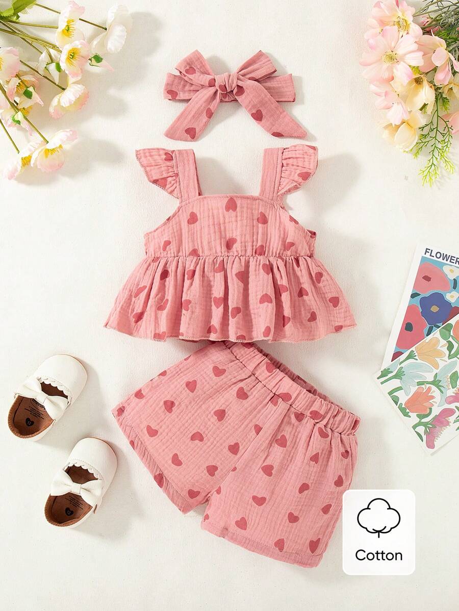 Souflis Souflis Baby Girl Spaghetti Strap Crop Top With Bowknot And Shorts Set, Casual & Fashionable Style For Summer - Pink - View 1