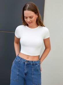 SHEIN Cottnline 97% Cotton 2pcs Black & White Basic Regular Fit Round Neck Short Sleeve Crop Top T-Shirt - Multicolor - View 4