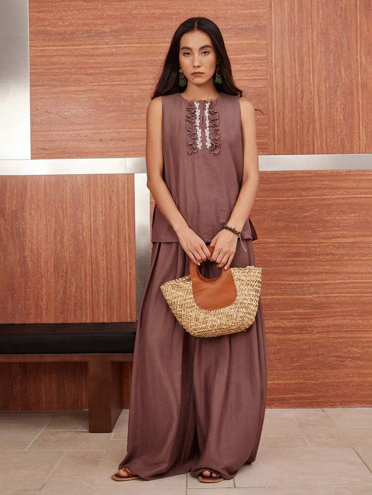 Loose Boho Vacation Linen Summer Floral Embroidery Pleated Hem Design Sense Vest And Wide Leg Pants 2 Pieces Set For Women Business Casual Woman
