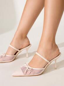 CUCCOO CHICEST Women's Pointed Toe Hollow Out Mesh Bow Decor Stiletto Heels, Elegant Commuting Fashion High Heels Sandals, Suitable For Office, Date, Party, Beige - Beige - View 4