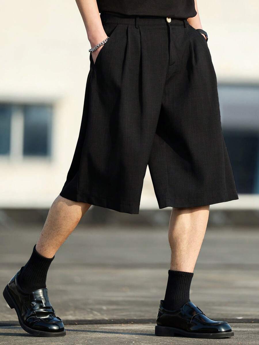 Claim Dot 男士街头休闲口袋宽松及膝短裤 - 黑色 - 查看 1