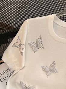 INAWLY Women's Short Sleeve Studded Butterfly Decor Knit Top