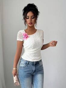 Elenzga Women 3D Flower Decor Asymmetric Collar Short Sleeve T-Shirt, Summer