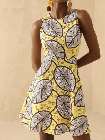 Vesra 夏季印花圆领休闲无袖短款迷你连衣裙