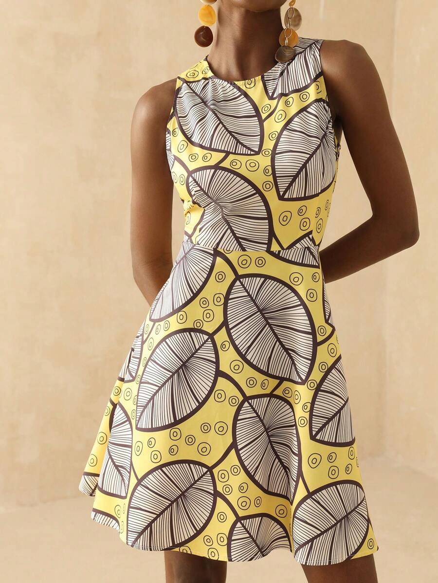 Vesra Allover Print Round Neck Casual Sleeveless Short Mini Dress, Summer