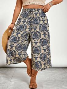 Freevana Plus Size Women's Holiday Tie-Waist Casual Floral Print Wide Leg Capri Pants, Summer Boho Beach Spring Break Pants - Multicolor - View 1