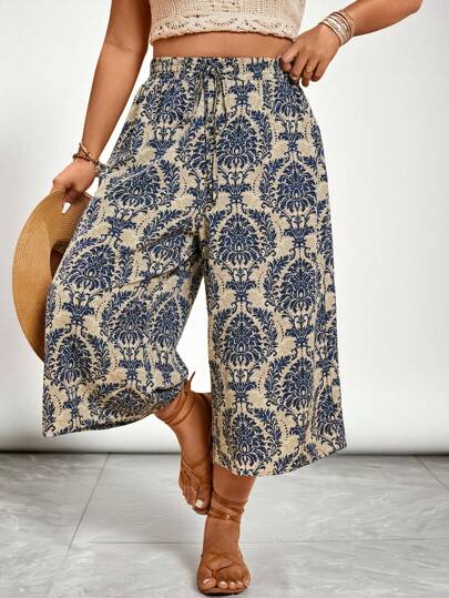 Freevana Plus Size Women's Holiday Tie-Waist Casual Floral Print Wide Leg Capri Pants, Summer Boho Beach Spring Break Pants