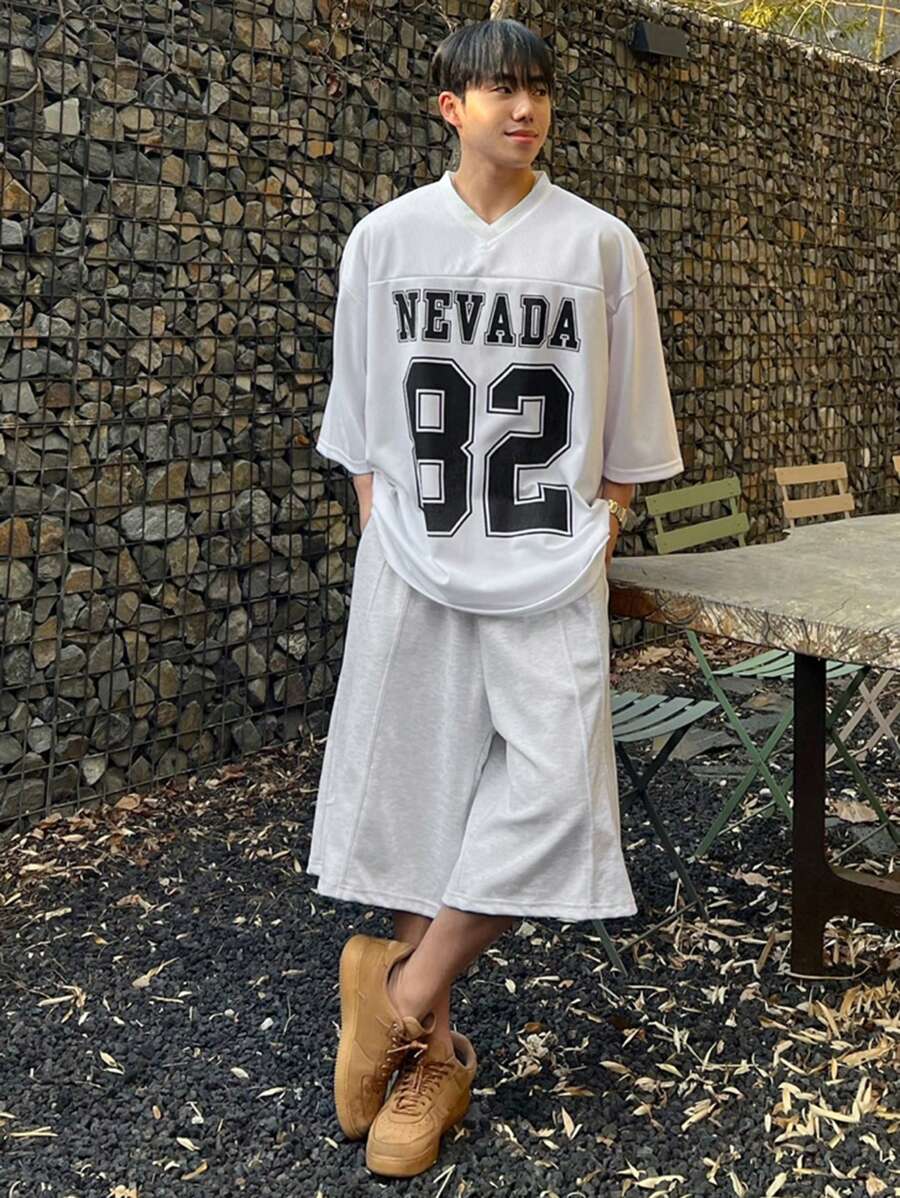 DAZY Summer Letter & Number Pattern Rust Graphic Tee Shirt, Men Grey Business Attire - Light Grey - View 1