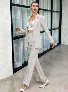 SHEIN Clasi Lapel Neck Asymmetrical Hem Blazer & Pants - Apricot - View 11