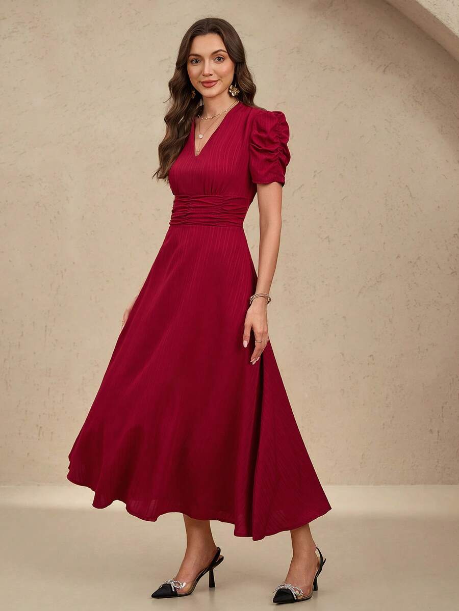 EMERY ROSE Women's Solid Color V-Neck Waist-Fitting A-Line Dress For New Year Clothes Maxi Women Outfit - Red - View 1