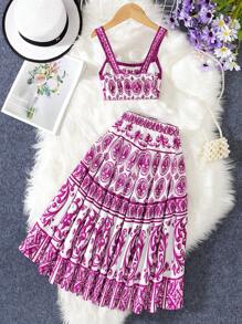 Sparklyn 青少年女孩两件套全身印花吊带背心和迷你裙，休闲度假风 - 紫色 - 查看 2