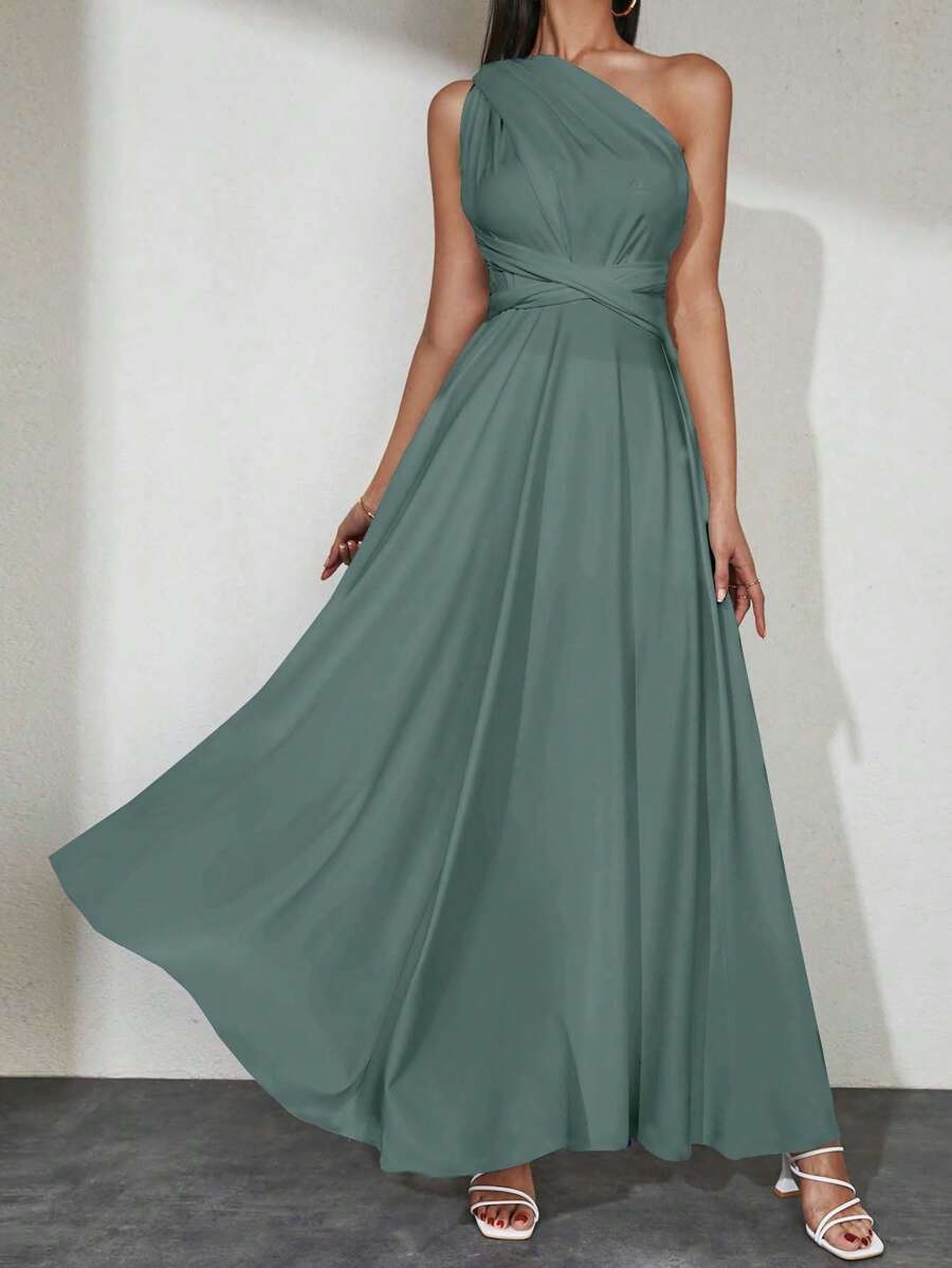 EURMUSE Women's Solid Color Simple Asymmetrical Shoulder Dress - Mint Green - View 1
