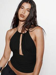 KIZN Ruched Halter Neck Sleeveless Summer Tank Party Evening Top Backless Design Club Festival Fitted Top - Black - View 4