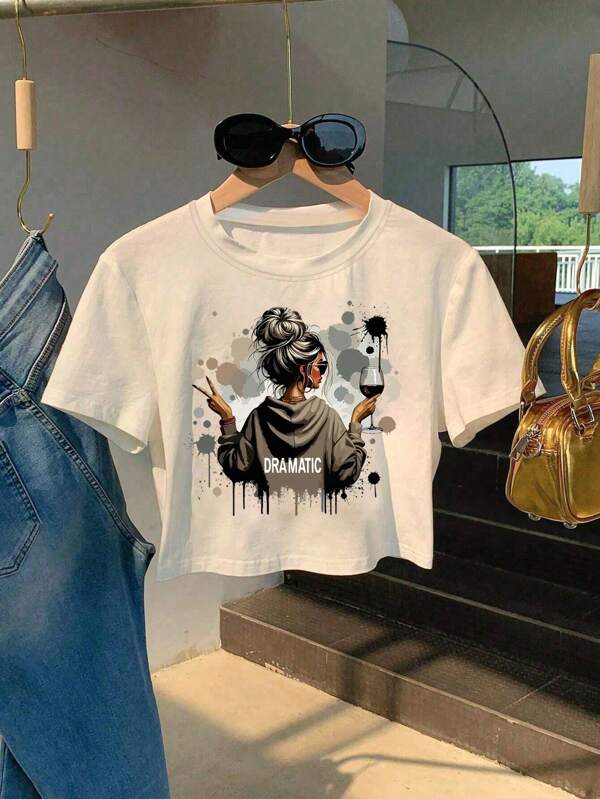 Women Short Style T-Shirt, "Dramatic" Sarcastic Slogan Funny Adult Graphic Tee, Suitable For Casual Daily Wear