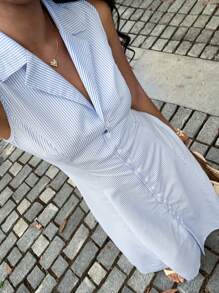 SHEIN Unity 蓝白条纹翻领纽扣前部无袖腰部修身 A 字连衣裙，办公室女士优雅日常街头休闲夏季女装 - 藍色 - 查看 1