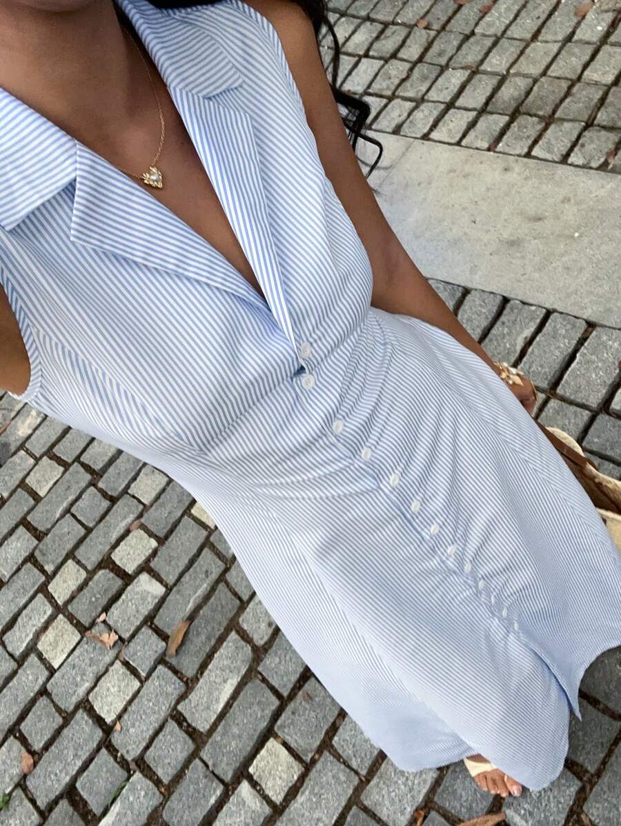 SHEIN Unity 蓝白条纹翻领纽扣前部无袖腰部修身 A 字连衣裙，办公室女士优雅日常街头休闲夏季女装 - 藍色 - 查看 1