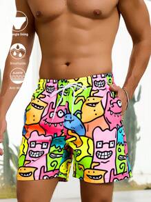 Manfinity Swimmode Men's Casual Cartoon Monster Print Drawstring Waist Side Pocket Beach Shorts, Summer - Multicolor - View 1