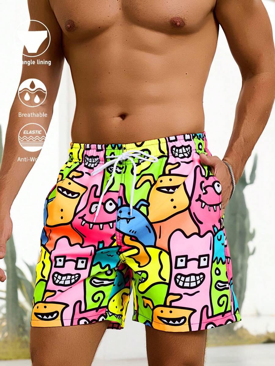 Manfinity Swimmode Men's Casual Cartoon Monster Print Drawstring Waist Side Pocket Beach Shorts, Summer - Multicolor - View 1
