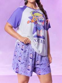 Pop Mart Azura X SHEIN Plus Size Women's Summer Y2k Cleanfit Atry Chic Cute Dreamy  Retro Vintage Casual Vacation Vibe School Clothes  White Purple Star Cartoon Letter Print Raglan Sleeve T-Shirt & Shorts Sleepwear Pajama Set, Summer - White - View 3