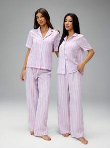 SHEIN PETITE Women's Two-Piece Button-Front Shirt And Pleated Trousers Pajama Set