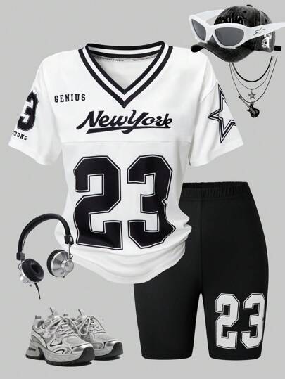 SHEIN ChillGRL HYPEME Kids Tween Girls 2Pcs Casual Set - V-Neck Loose Striped And Letter Print Off Shoulder T-Shirt With Skinny Shorts, Fashion Outfit For Sports, Running, Basketball, Football And Other Activities, Spring/Summer/Autumn Biker Shorts Sets Teen Girl Clothes Jersey Baseball Outfit