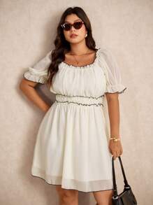 Elaquor Vestido de verano de talla grande con cuello redondo, detalle en contraste, volantes, mangas abullonadas y cintura ceñida