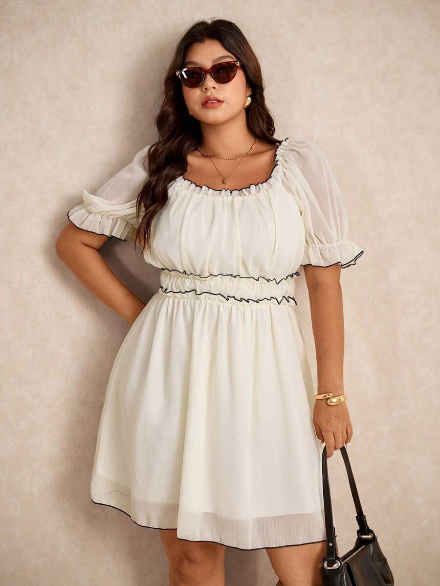 Elaquor Vestido de verano de talla grande con cuello redondo, detalle en contraste, volantes, mangas abullonadas y cintura ceñida