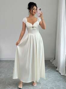 Elenzga Vestido largo elegante para invitadas a bodas o fiestas, de estilo francés romántico y alta gama, de satén, con cuello con lazo, cintura entallada y falda plisada en línea A, para primavera/verano - Albaricoque - Ver 7