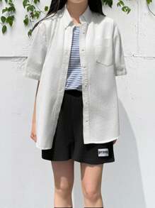 SHEIN 2pcs/Set Teen Girl Loose Casual Minimalist Comfortable Lapel Short Sleeve Shirt And Shorts Set