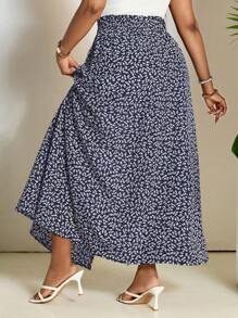 SHEIN PETITE CURVE 加大码碎花开叉下摆休闲裙高开衩长裙夏季度假乡村音乐会 - 藏蓝色 - 查看 2