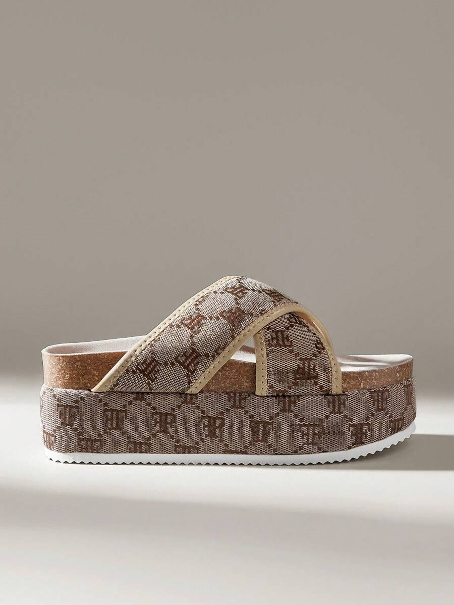 Solecia Ladies Fashion Cork Wedge Heel Letter Pattern Casual Slippers Summer - Brown - View 1