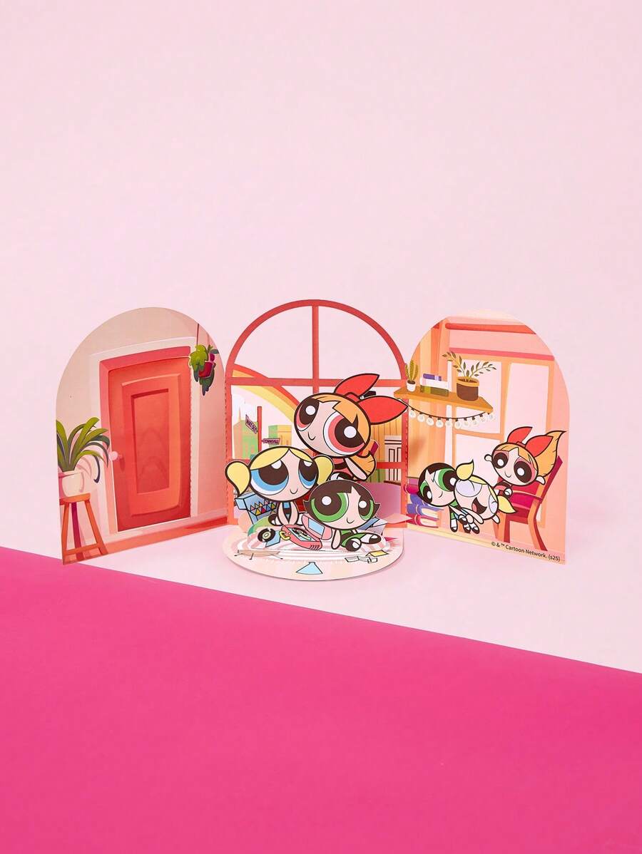 THE POWERPUFF GIRLS X SHEIN 双折幸福之家花朵、泡泡、毛茛图案贺卡