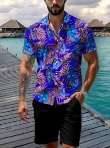Manfinity RSRT Men's Random Plant Print Short Sleeve Shirt Beach Shirts For Men Tropical Shirts For Men
