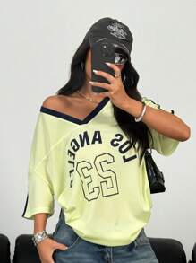 StreetHx Women V-Neck Colorblock Graphic Printed Short Sleeve T-Shirt