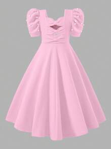 Teen Girl Red Beaded Puff Sleeve Backless Bow Design Fashion Retro Sweet Elegant Princess Dress